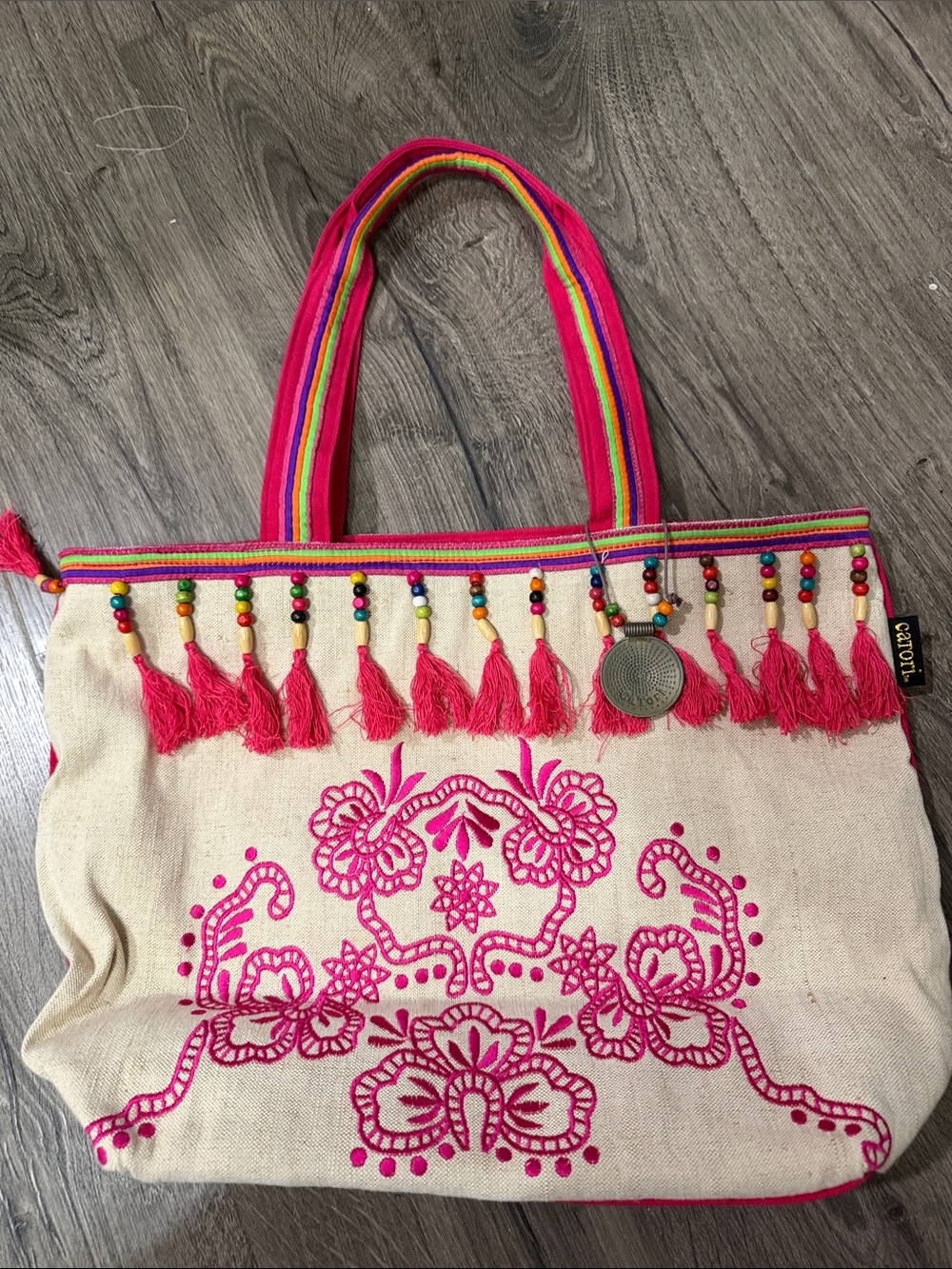 Boho Embroidered Canvas Tote Bag - Pink